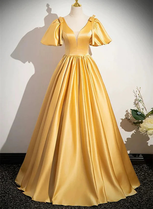 Vestido de fiesta largo de satén amarillo con escote en V y corte A